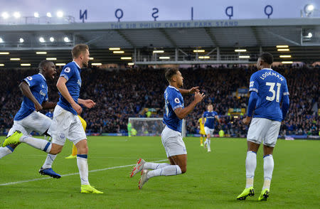 Soccer Football - Premier League - Everton v Crystal Palace - Goodison Park, Liverpool, Britain - October 21, 2018 Everton's Dominic Calvert-Lewin celebrates scoring their first goal REUTERS/Peter Powell