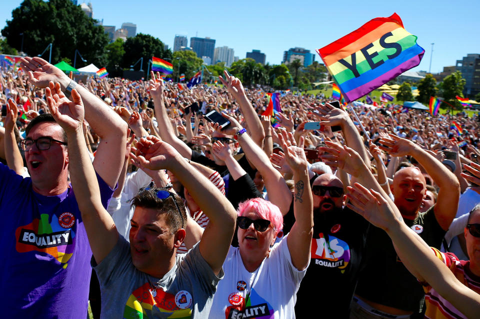 <p>Supporters of the ‘Yes’ vote for marriage equality celebrate after it was announced the majority of Australians support same-sex marriage in a national survey, paving the way for legislation to make the country the 26th nation to formalize the unions by the end of the year, at a rally in central Sydney, Australia, Nov. 15, 2017. (Photo: David Gray/Reuters) </p>