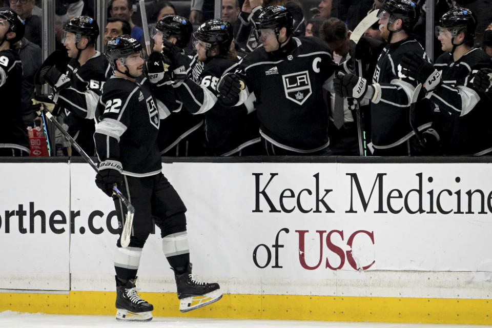 Los Angeles Kings left wing Kevin Fiala, left, is congratulated for his goal against the New York Rangers during the first period of an NHL hockey game Saturday, Jan. 20, 2024, in Los Angeles. (AP Photo/Jayne-Kamin-Oncea)