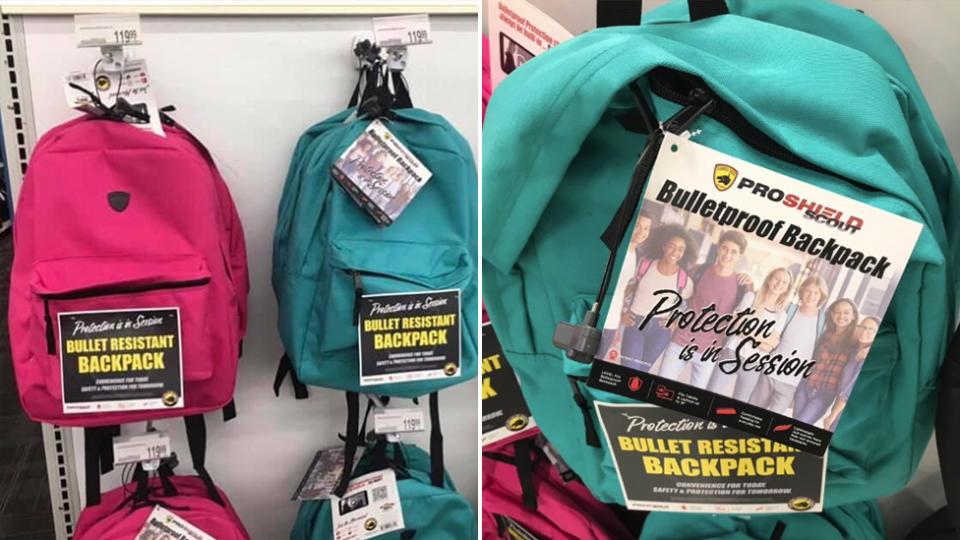 Photo shows the backpacks being sold at popular US stores in the wake of two mass shootings in one weekend.