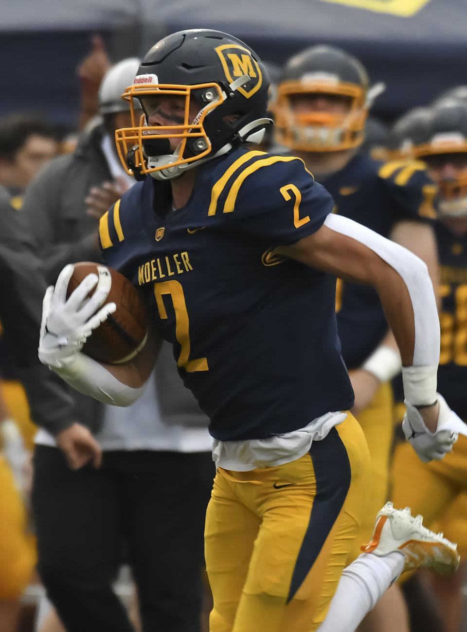 Ryan Mechley of Moeller runs the ball for a long touchdown against East Central at Shea Stadium on Saturday, Sept. 3, 2022.