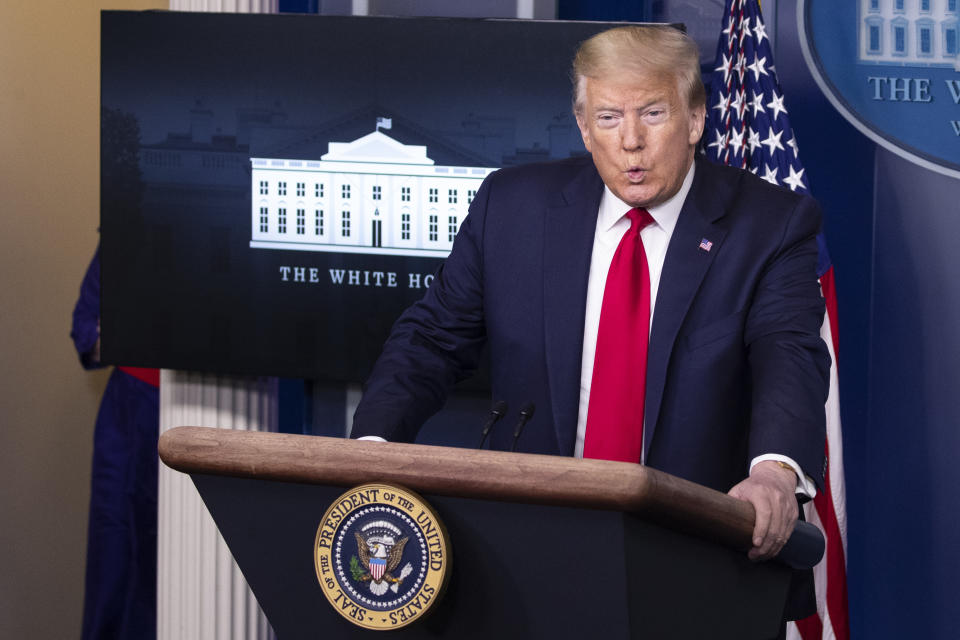 In this May 22, 2020, photo President Donald Trump speaks with reporters about the coronavirus in the James Brady Press Briefing Room of the White House in Washington. Trump has been claiming extraordinarily sweeping powers during the coronavirus crisis that constitutional and legal scholars say the president simply doesn’t have. (AP Photo/Alex Brandon)