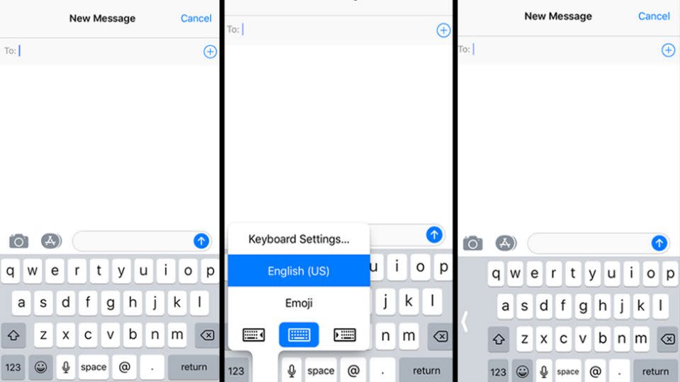 Simply press the emoji button and pick whether you want the keyboard on the left or right hand side of your iPhone. Source: Supplied