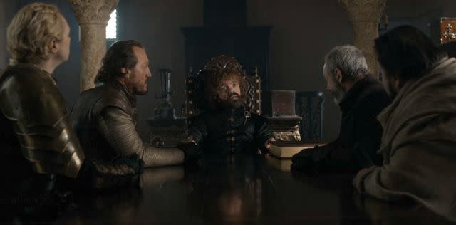 <p>HBO</p> From left: Gwendoline Christie, Jerome Flynn, Peter Dinklage, Liam Cunningham, and John Bradley in the 'Game of Thrones' finale, 'The Iron Throne'