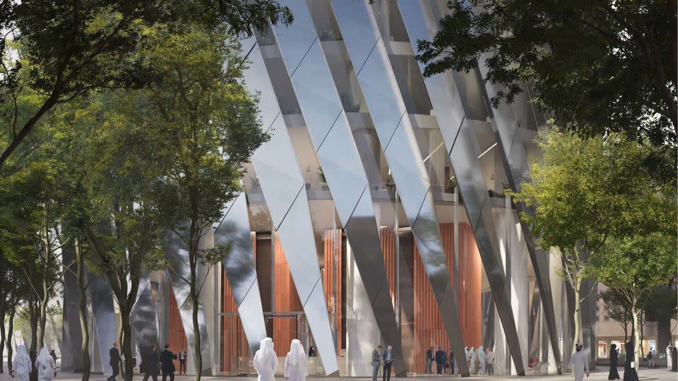 Aluminum fins, shown in this rendering, shield the interior of the towers from the sun. - Foster + Partners