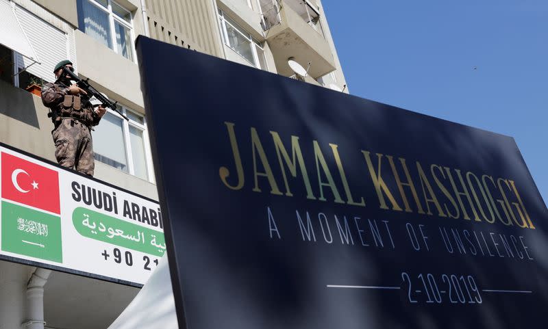 FILE PHOTO: A special forces police officer secures the scene during a ceremony marking the first anniversary of Saudi journalist Jamal Khashoggi's killing in Istanbul