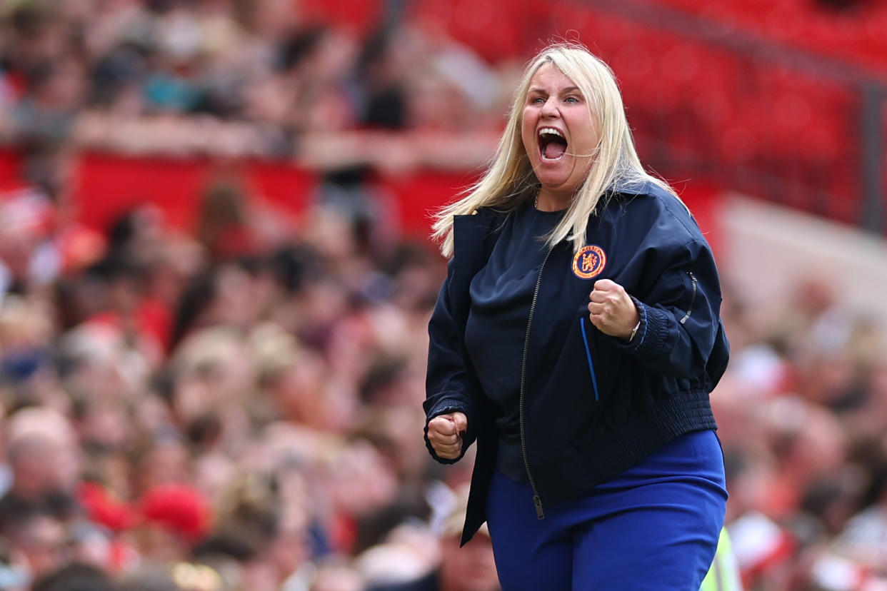 MANCHESTER, ENGLAND - MAY 18: Emma Hayes the head coach / manager of Chelsea Women celebrates during the Barclays Women's Super League match between Manchester United and Chelsea FC  at Old Trafford on May 18, 2024 in Manchester, England.(Photo by Robbie Jay Barratt - AMA/Getty Images)