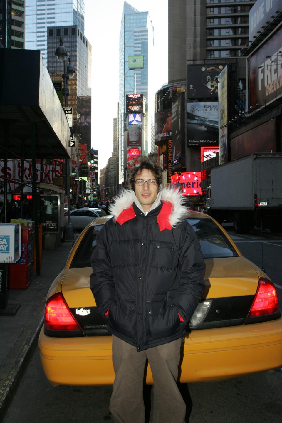 In 2005, Andy Samberg—then a featured player on SNL—poses in his new Supreme parka near Times Square.