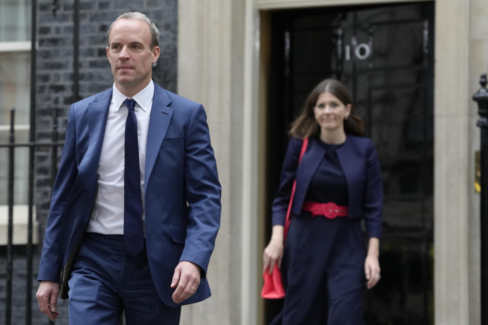FILE - Dominic Raab, the Deputy Prime Minister, left, leaves 10 Downing Street after a Cabinet meeting the first held by the new British Prime Minister Rishi Sunak in London, Oct. 26, 2022.Raab has resigned after an independent investigation into complaints that he bullied civil servants. Raab’s decision Friday, April 21, 2023 came the day after Prime Minister Rishi Sunak received findings into eight formal complaints that Raab, who is also justice secretary, had been abusive toward staff during a previous stint in that office and while serving as foreign secretary and Brexit secretary. (AP Photo/Kirsty Wigglesworth, file)
