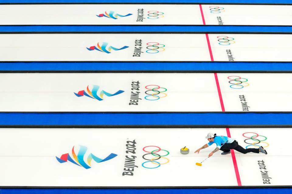 Christopher Plys (USA) in the curling mixed doubles round robin during the Beijing 2022 Olympic Winter Games at National Aquatics Center on Feb. 5, 2022.