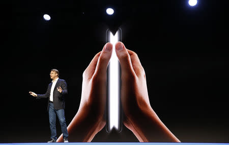 Justin Denison, Samsung Electronics senior vice president of Mobile Product Marketing, speaks during the unveiling of Samsung's new foldable screen smart phone, during the Samsung Developers Conference in San Francisco, California, U.S., November 7, 2018. REUTERS/Stephen Lam