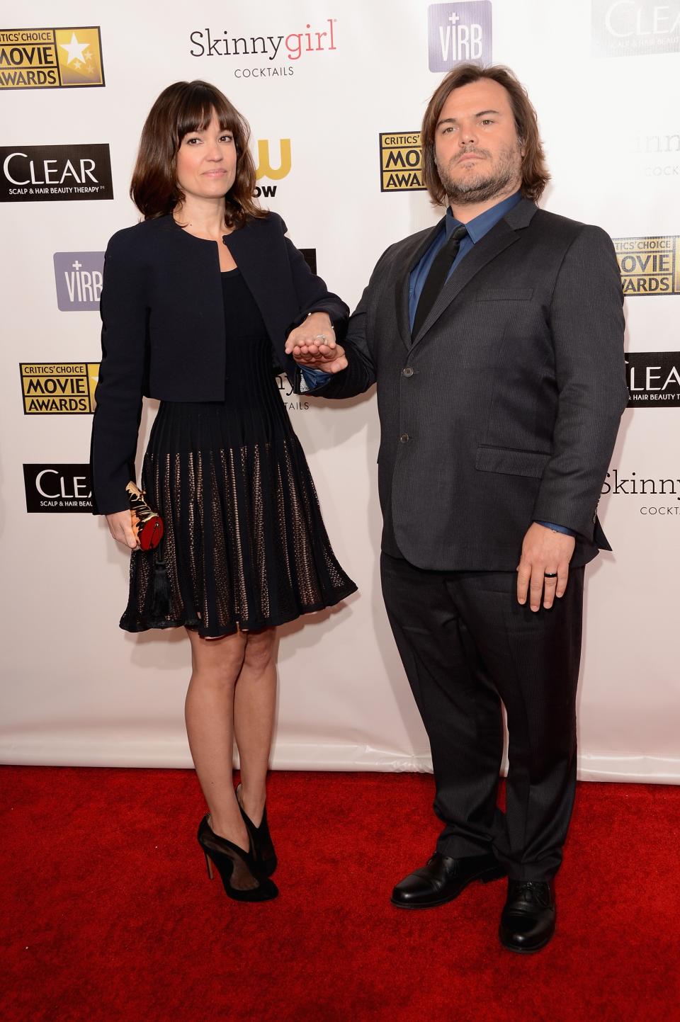 SANTA MONICA, CA - JANUARY 10: Actor Jack Black (R) and Tanya Haden arrive at the 18th Annual Critics' Choice Movie Awards held at Barker Hangar on January 10, 2013 in Santa Monica, California. (Photo by Jason Merritt/Getty Images)