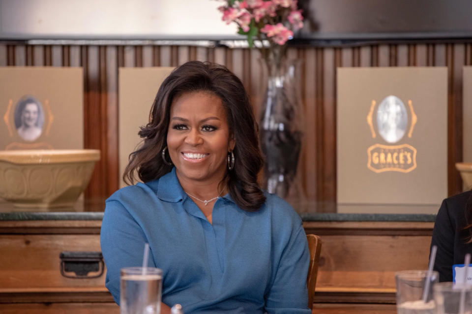 Michelle Obama enjoying a chat with members of my HTX Book and Brunch club. (Photo: Courtesy of Isaac Palmisano)