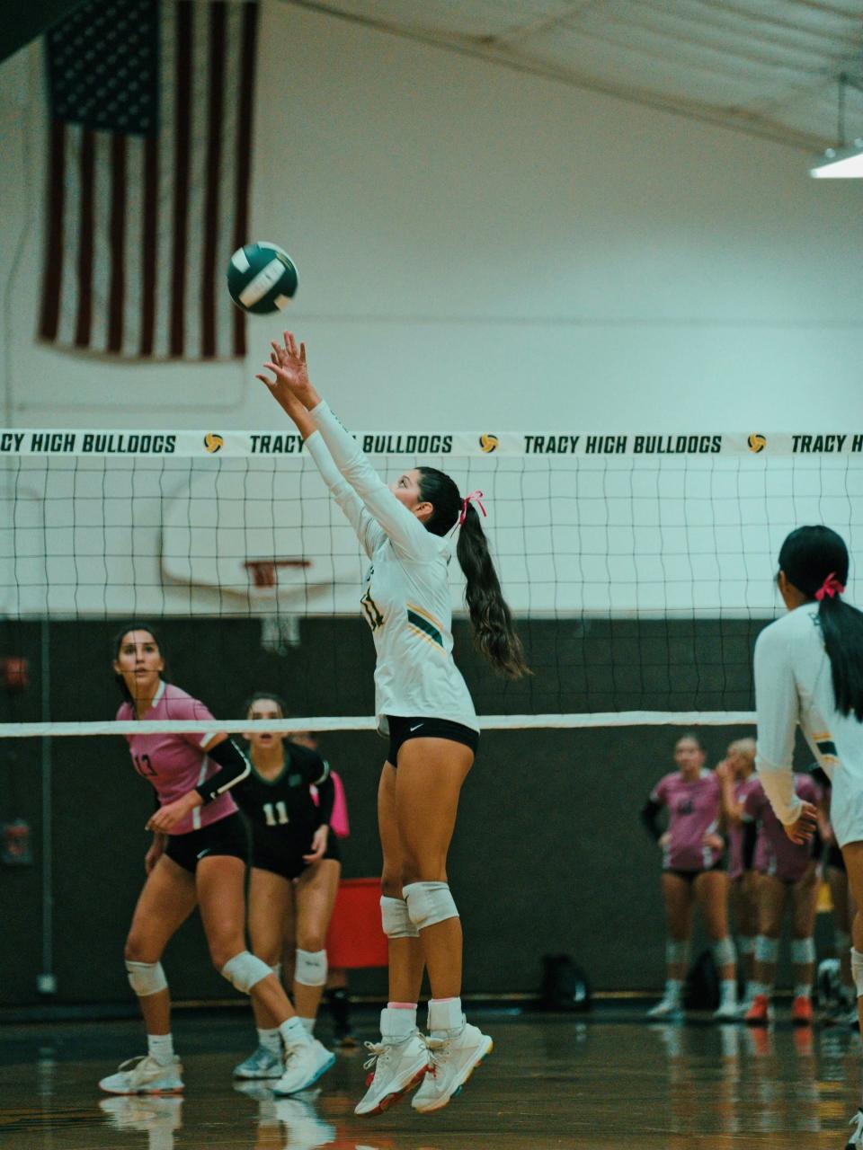 Ellie Hernandez of Tracy girls volleyball prepares to set during one of the teams matches in the 2023-24 season.