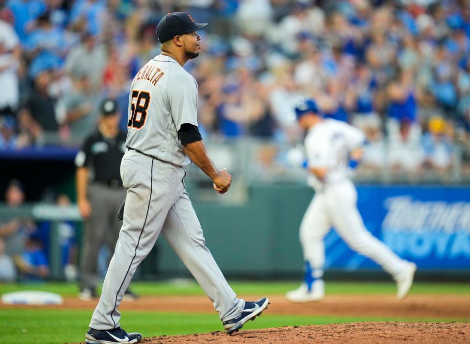 Tigers pitcher Wily Peralta reacts after giving up a home run to Royals right fielder Ryan O'Hearn during the fourth inning on Friday, July 23, 2021, in Kansas City, Missouri.