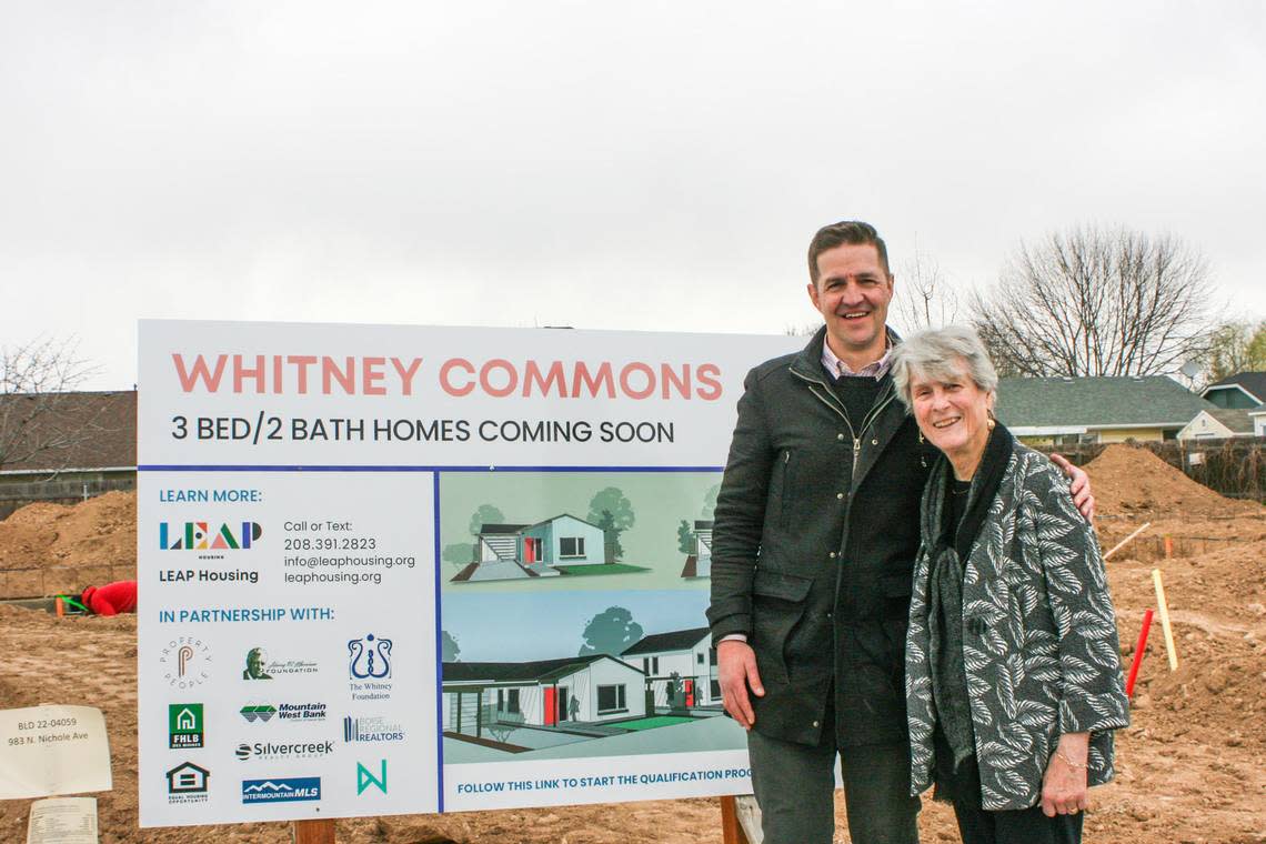 Construction has begun on a new affordable housing development in West Boise. LEAP Housing CEO Bart Cochran, left, and The Whitney Foundation Executive Director Ellen Bush, right, spoke at a groundbreaking ceremony for the community on April 17.