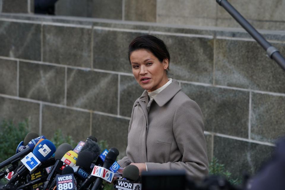 Tarale Wulff, pictured speaking after Weinstein’s 2020 trial, testified that the former producer raped her (AFP via Getty Images)