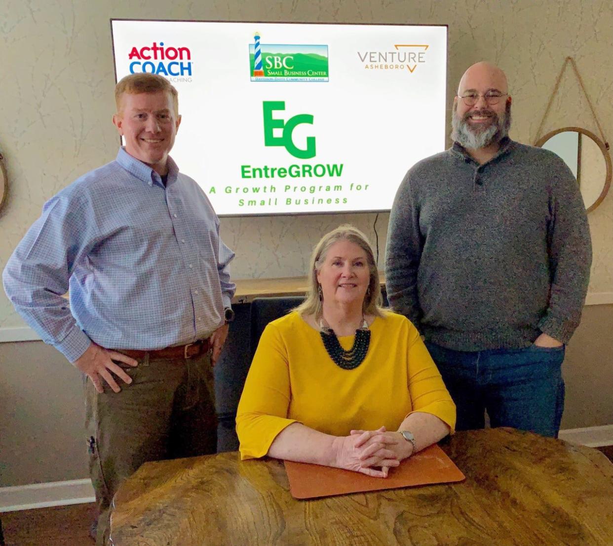 Davidson-Davie Community College Small Business Center Director Martha Larson (center) and Asheboro Venture founder Jonathan Thill (right) helped start the Entrepre-New-Her accelerator.