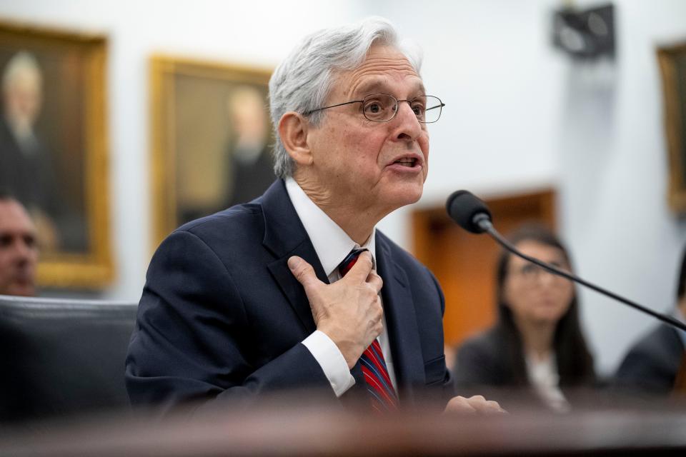 Attorney General Merrick Garland testifies before a House appropriations subcommittee hearing on Capitol Hill on March 29, 2023.