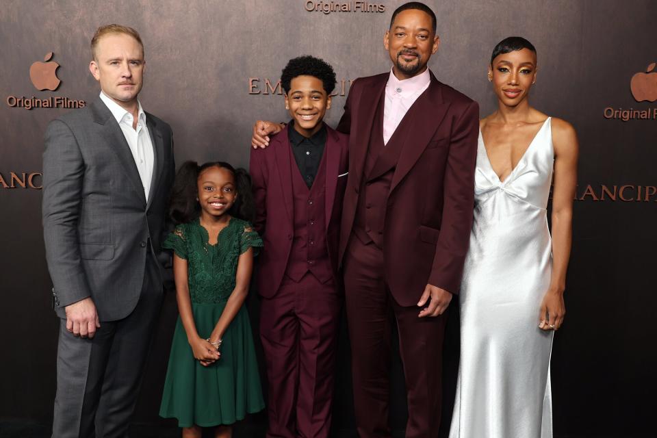 Ben Foster, Jordyn McIntosh, Jeremiah Friedlander, Will Smith and Charmaine Bingwa attend Apple Original Films world premiere of "Emancipation" at the Regency Village Theatre. "Emancipation" premieres in theaters on December 2 and globally on Apple TV+ on December 9, 2022. Apple Original Films world premiere of 'Emancipation', Regency Village Theatre, Los Angeles, CA, USA - 30 Nov 2022