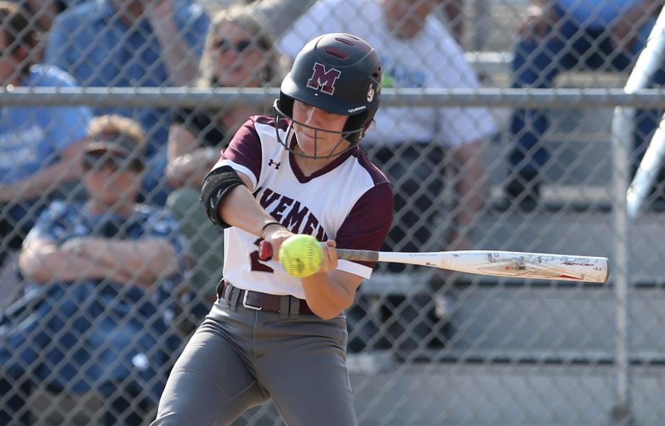 Mishawaka batter Lilly St. Clair connects against Saint Joseph Wednesday, May 24, 2023, at the 4A sectional softball semifinal game at Baker Park in Mishawaka.