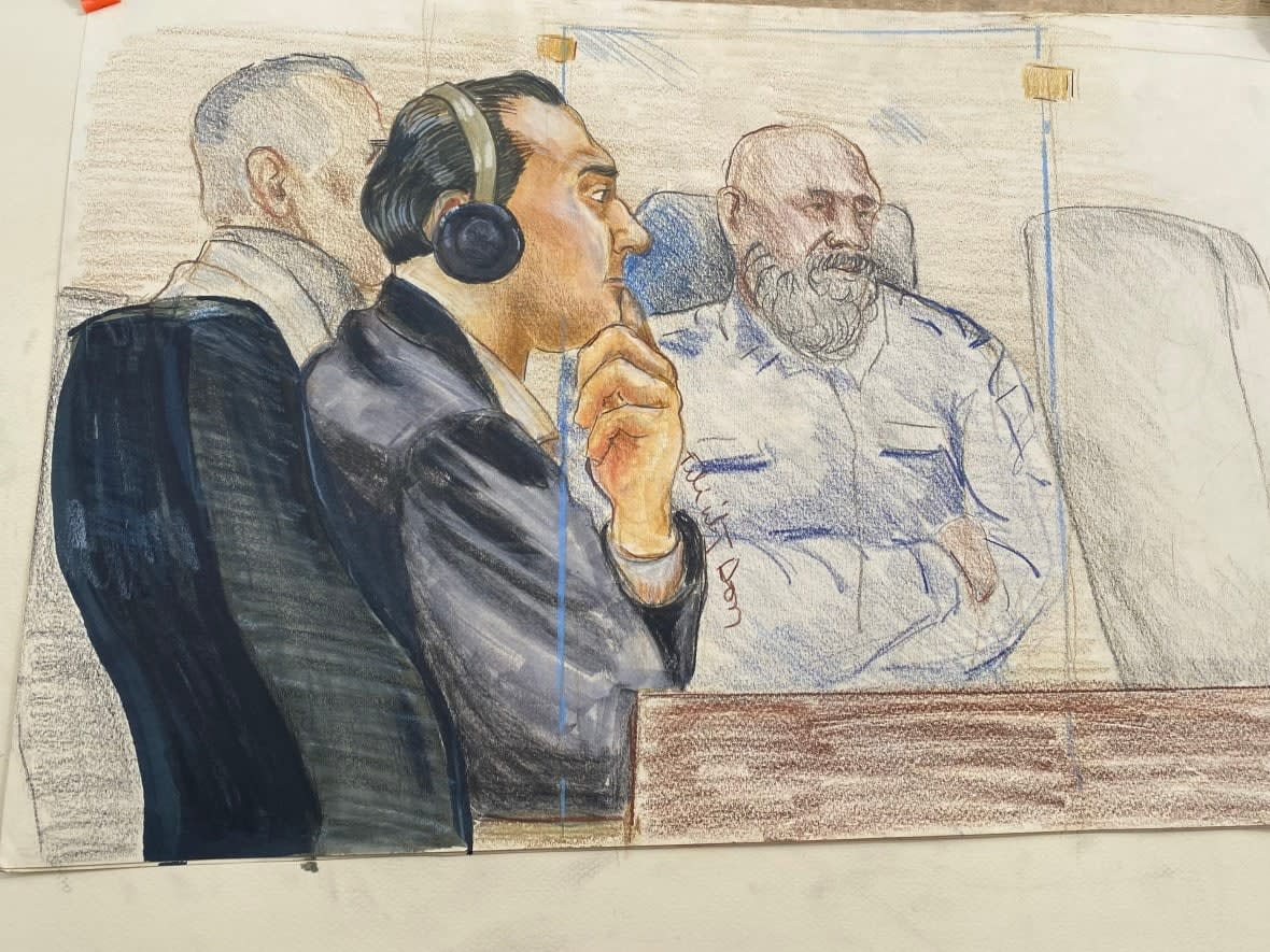 A court sketch depicts Ibrahim Ali, who is facing a first degree murder charge in the death of a Burnaby teen.  (Felicity Don - image credit)