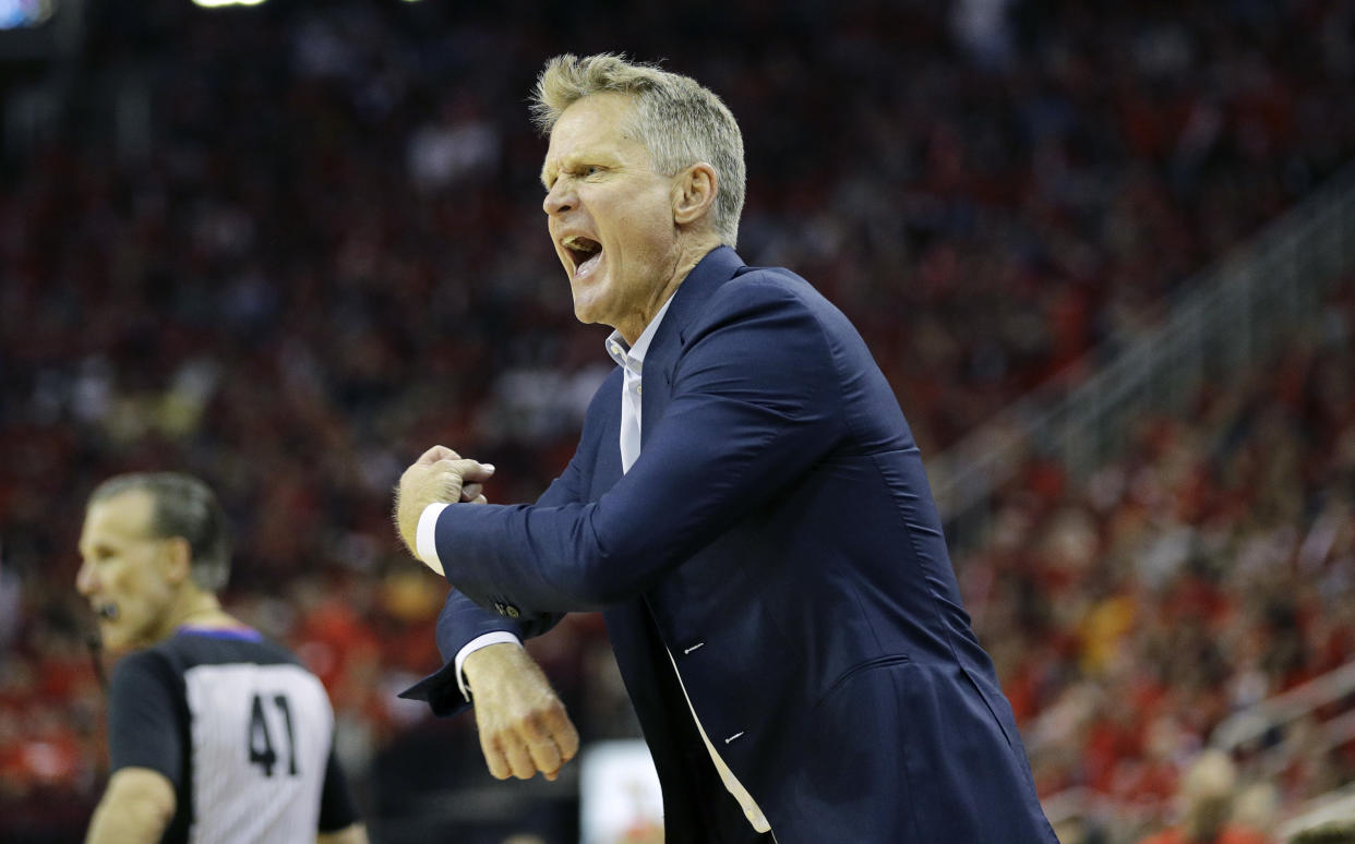 Golden State Warriors head coach Steve Kerr reacts to a call during the second half in Game 2 of the NBA basketball Western Conference Finals against the Houston Rockets, Wednesday, May 16, 2018, in Houston. (AP Photo/David J. Phillip)