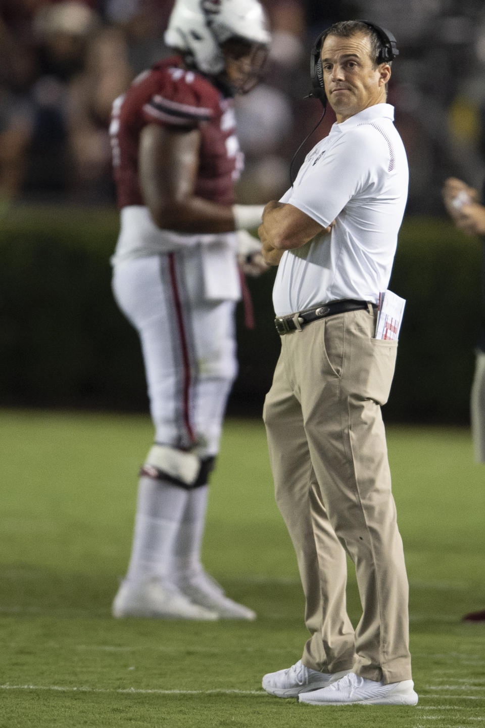 South Carolina head coach Shane Beamer watches the scoreboard during the second half of an NCAA college football game against Eastern Illinois, Saturday, Sept. 4, 2021, in Columbia, S.C. (AP Photo/Hakim Wright Sr)