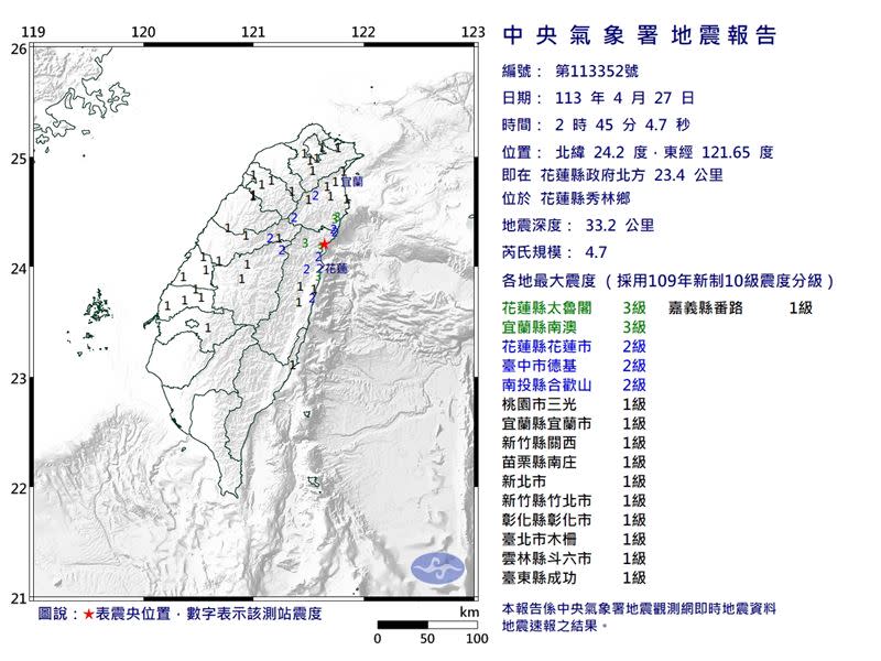 凌晨2時45分花蓮縣秀林鄉出現規模4.7地震。（圖／翻攝中央氣象署網站）