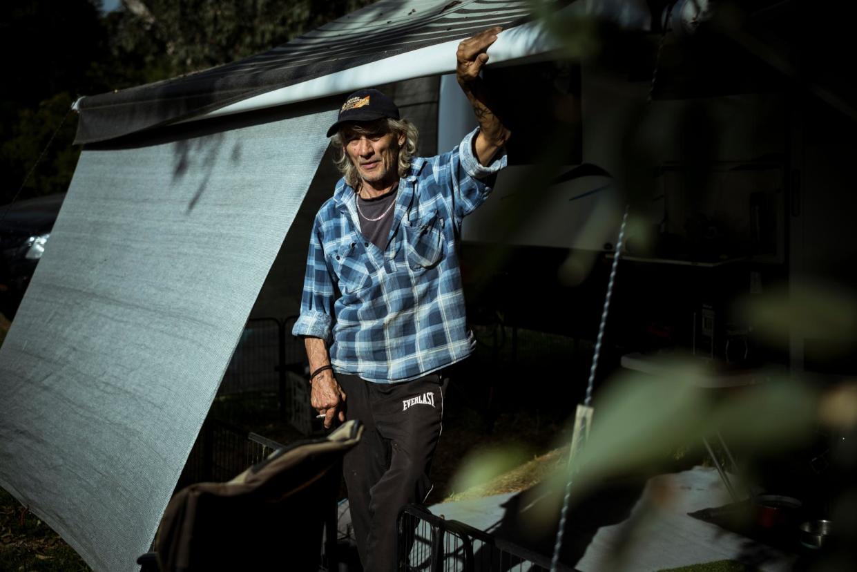 <span>John Cleeland is homeless and living off a disability pension in his caravan on the outskirts of Ballarat.</span><span>Photograph: Christopher Hopkins/The Guardian</span>