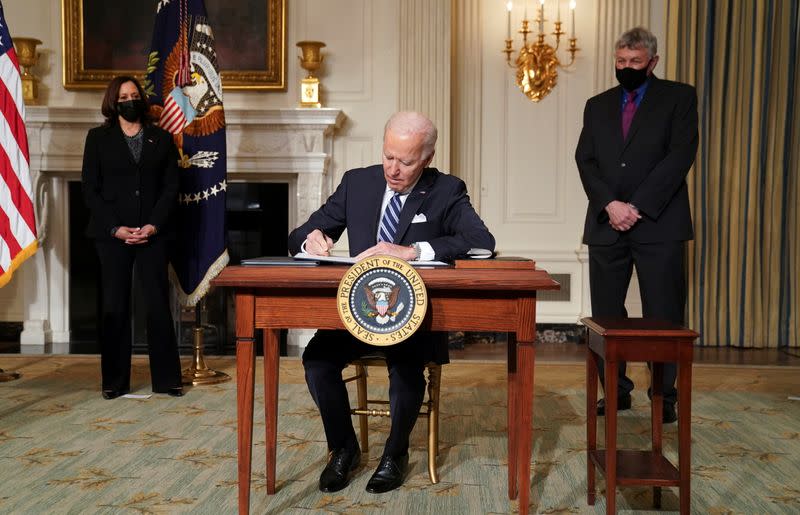 U.S. President Joe Biden speaks about administration plans to confront climate change at the White House ceremony in Washington