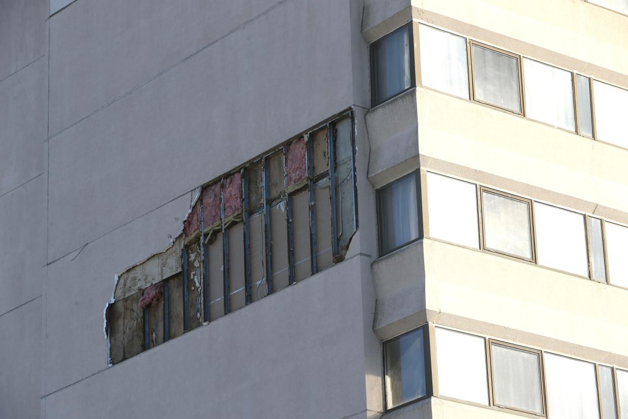 A portion of the north facade of the Poughkeepsie Grand Hotel was ripped off the building during Monday’s high winds on March 11, 2024.