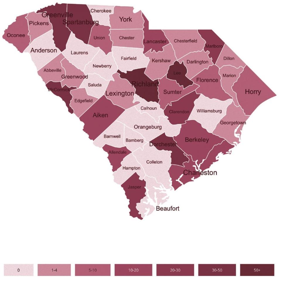 Deaths in prisons and jails from 2015-2021 in South Carolina by county.