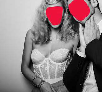Woman with blurred face in lacy boned lingerie top man holds face next to her