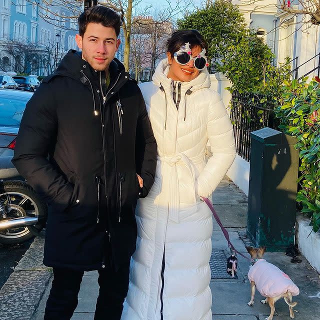 <p>The couple got into the festive spirit ahead of Christmas in London early, with the actress wearing glittery sunglasses during a dog walk in the capital city. </p><p><a href="https://www.instagram.com/p/CJL0d3hDXOH/" rel="nofollow noopener" target="_blank" data-ylk="slk:See the original post on Instagram;elm:context_link;itc:0;sec:content-canvas" class="link ">See the original post on Instagram</a></p>