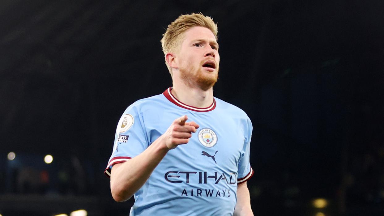  Kevin De Bruyne of Manchester City celebrates after scoring 