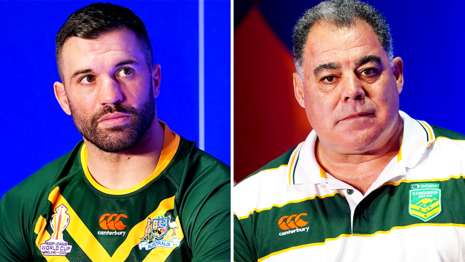 Australian coach Mal Meninga (pictured right) during an interview and (pictured left) James Tedesco at the Rugby League World Cup tournament launch.