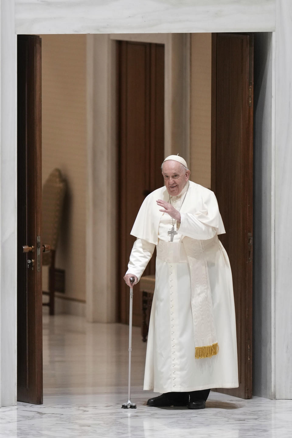 Pope Francis arrives for his weekly general audience in the Pope Paul VI hall at the Vatican, Wednesday, Jan. 4, 2023. (AP Photo/Andrew Medichini)
