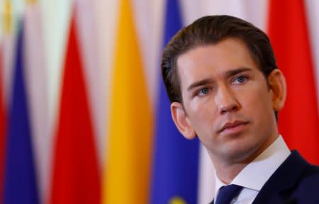 Austria's Chancellor Sebastian Kurz attends a news conference after a cabinet meeting in Vienna, Austria April 18, 2018. REUTERS/Leonhard Foeger