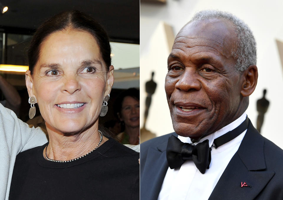 Actress Ali MacGraw appears during a tribute to the career of Robert Evans by the Academy of Motion Picture Arts and Sciences in Beverly Hills, Calif., on May 22, 2008, left, and Danny Glover arrives at the Oscars in Los Angeles on Feb. 24, 2019. MacGraw and Glover will be honored at the Turner Classic Movies Festival. (AP Photo)
