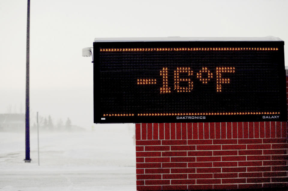 Moorhead, MN area elementary school electronic sign shows to temperature, Jan. 29, 2019. Daytime temperatures in the Fargo-Moorhead area were near -20F as frigid weather grips the area. (Photo: Bruce Crummy/AP)