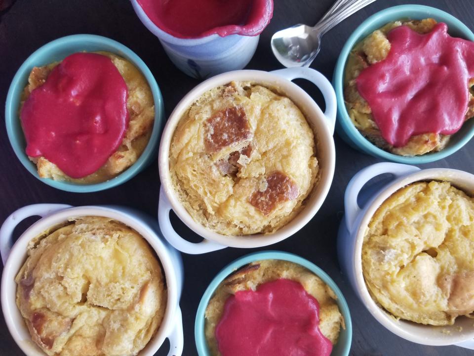 Eggnog bread pudding with pinot noir coulis.