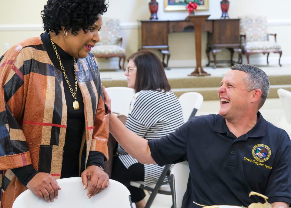 Alice Marie Johnson celebrated the fifth anniversary of her release from the Federal Correctional Institution, Aliceville at Aliceville Baptist Church Monday, Oct. 16, 2023. Johnson talks to Chaplain David Carroll.