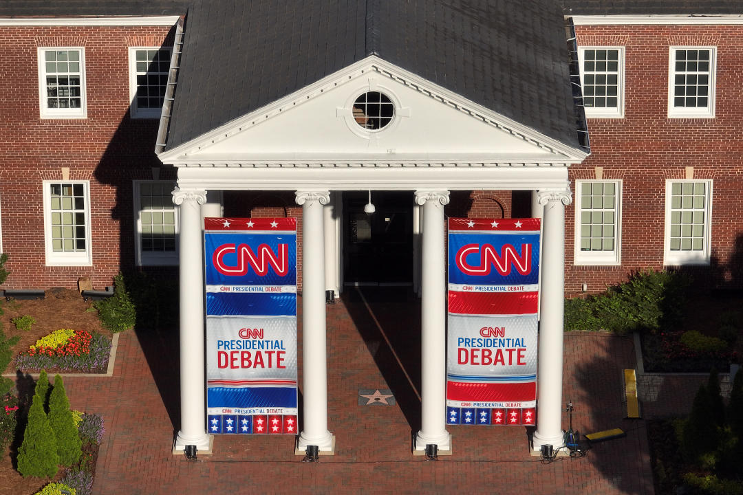 ATLANTA, GEORGIA - JUNE 26: In an aerial view, signage for a CNN presidential debate is seen outside of their studios inside the Turner Entertainment Networks on June 26, 2024 in Atlanta, Georgia. U.S. President Joe Biden and Republican presidential candidate, former U.S. President Donald Trump will face off in the first presidential debate of the 2024 presidential cycle this Thursday. (Photo by Kevin Dietsch/Getty Images)