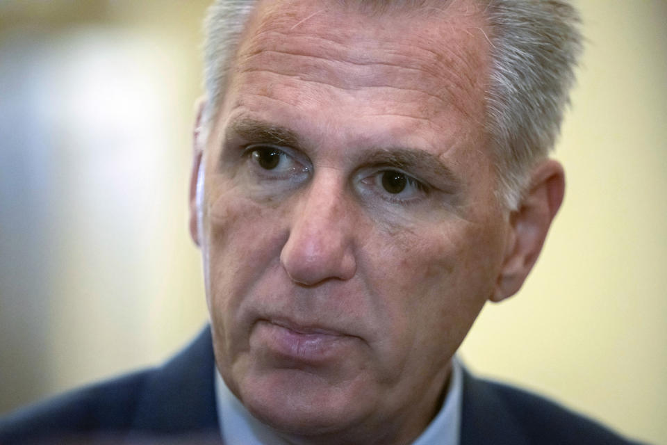 House Speaker Kevin McCarthy of Calif., speaks to reporters on Capitol Hill, Friday, Sept. 22, 2023, in Washington. (AP Photo/Mark Schiefelbein)