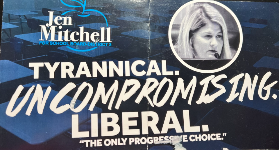 The front of a mailer Jen Mitchell's husband received, which paints her as liberal and progressive.