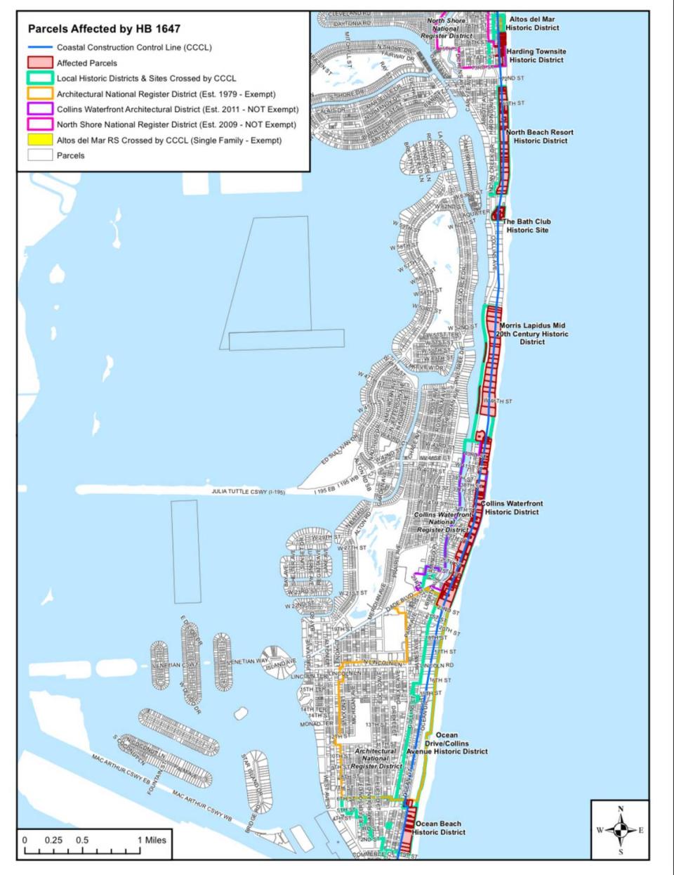 A map prepared by the city of Miami Beach shows the potential impacts of a Florida House bill that would allow the demolition of historic coastal buildings that are deemed unsafe by a local building official or that don’t conform to federal flood resistance standards. The areas shaded in red would be at risk of demolition if the bill became law.