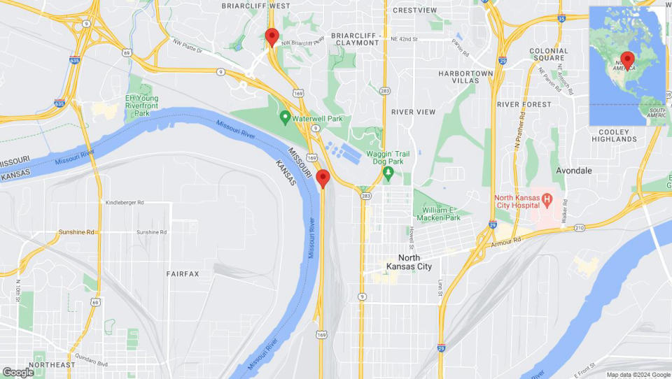 A detailed map that shows the affected road due to 'Heavy rain prompts traffic advisory on northbound US-169 in North Kansas City' on May 6th at 11:51 p.m.