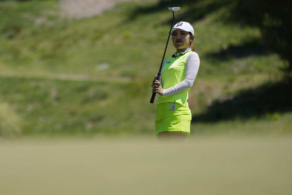 Ayaka Furue reacts after making a putt on the 13th green during the final day of the LPGA Bank of Hope Match Play golf tournament Sunday, May 28, 2023, in North Las Vegas, Nev. (AP Photo/John Locher)