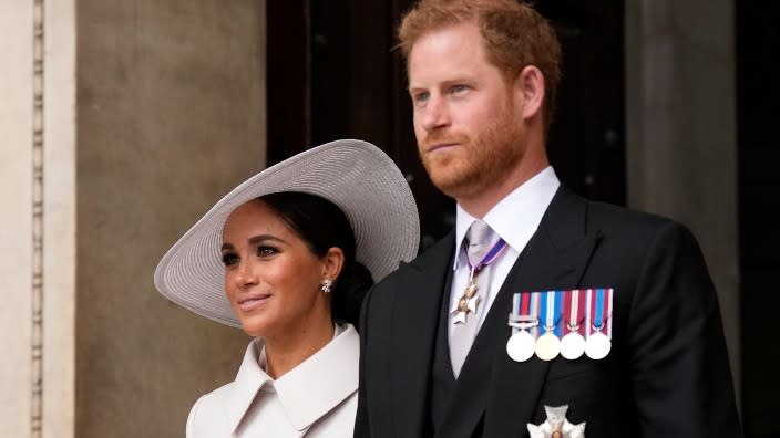 Prince Harry and Meghan Markle, Duke and Duchess of Sussex, leave after a June 3 service of thanksgiving for the reign of Queen Elizabeth II at St Paul’s Cathedral in London on the second of four days of celebrations to mark the Platinum Jubilee. (Photo: Matt Dunham, WPA Pool/Getty Images)